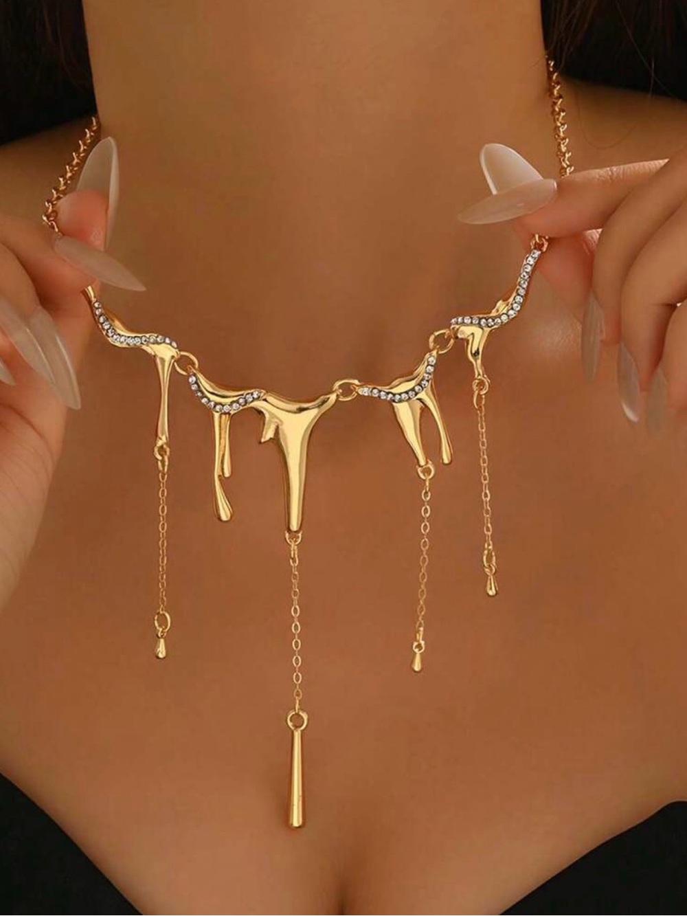 Gold Drip Pendant Necklace with Crystal Accents